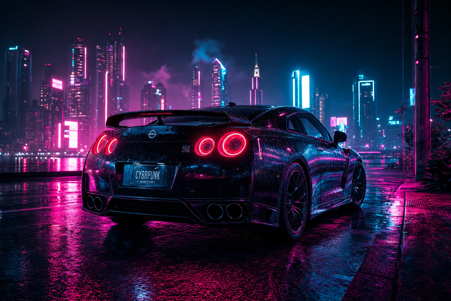 Neon sports car on a wet city street at night